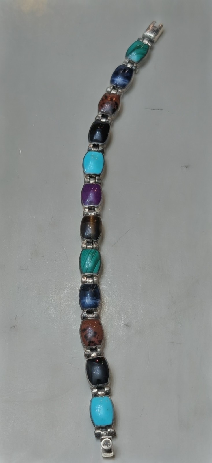 Vintage Taxco Mexico 950 Silver Multi Stone Inlay Link Bracelet 7.5″ 27.6g TJ-88
