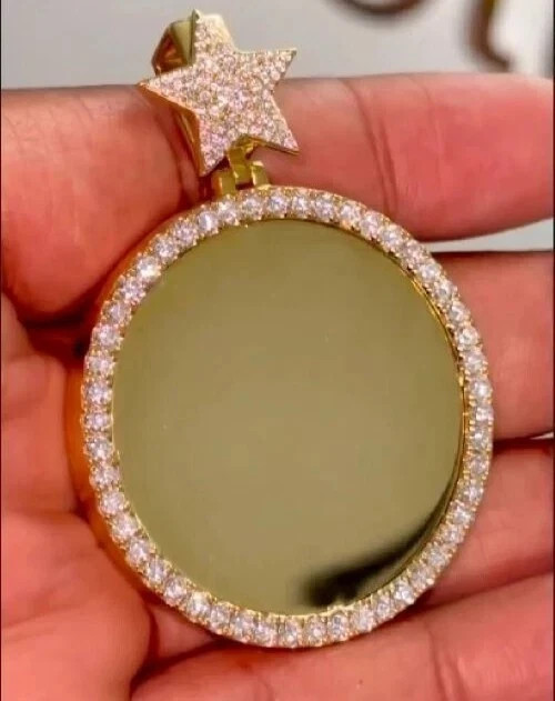 Real Moissanite 2.50Ct Round Cut Circle Picture Pendant 14K Yellow Gold Plated