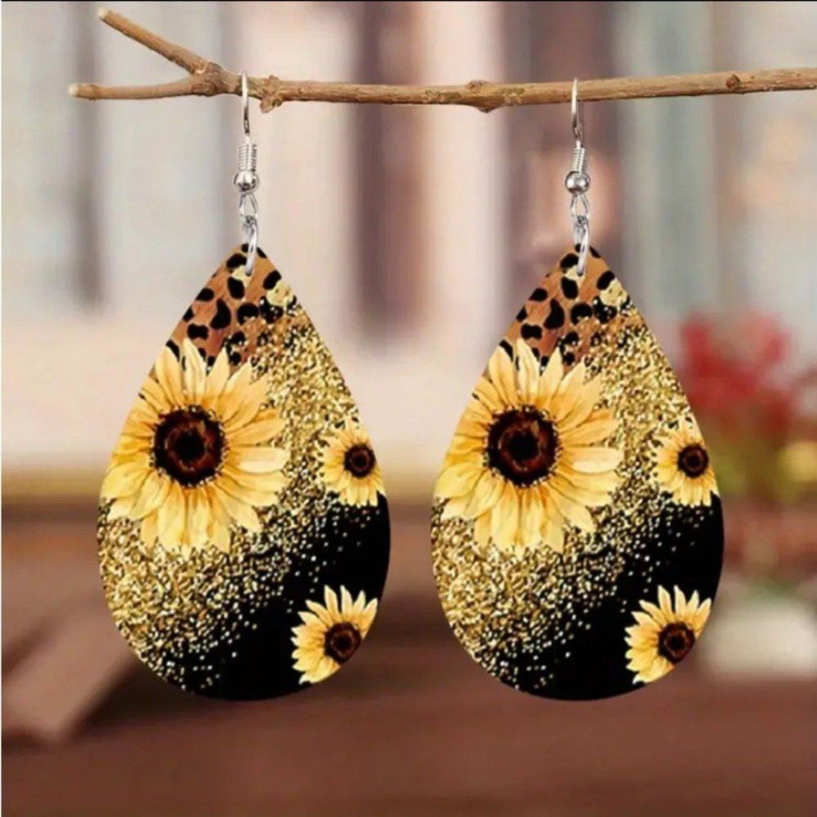 Sunflower and Leopard Teardrop Dangle Earrings Faux Leather