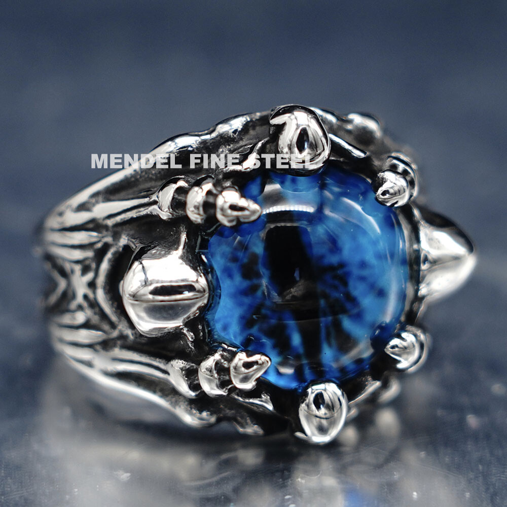 MENDEL Cool Mens Stainless Steel Dragon Claw Blue Evil Eye Eyeball Ring Sz 7-15