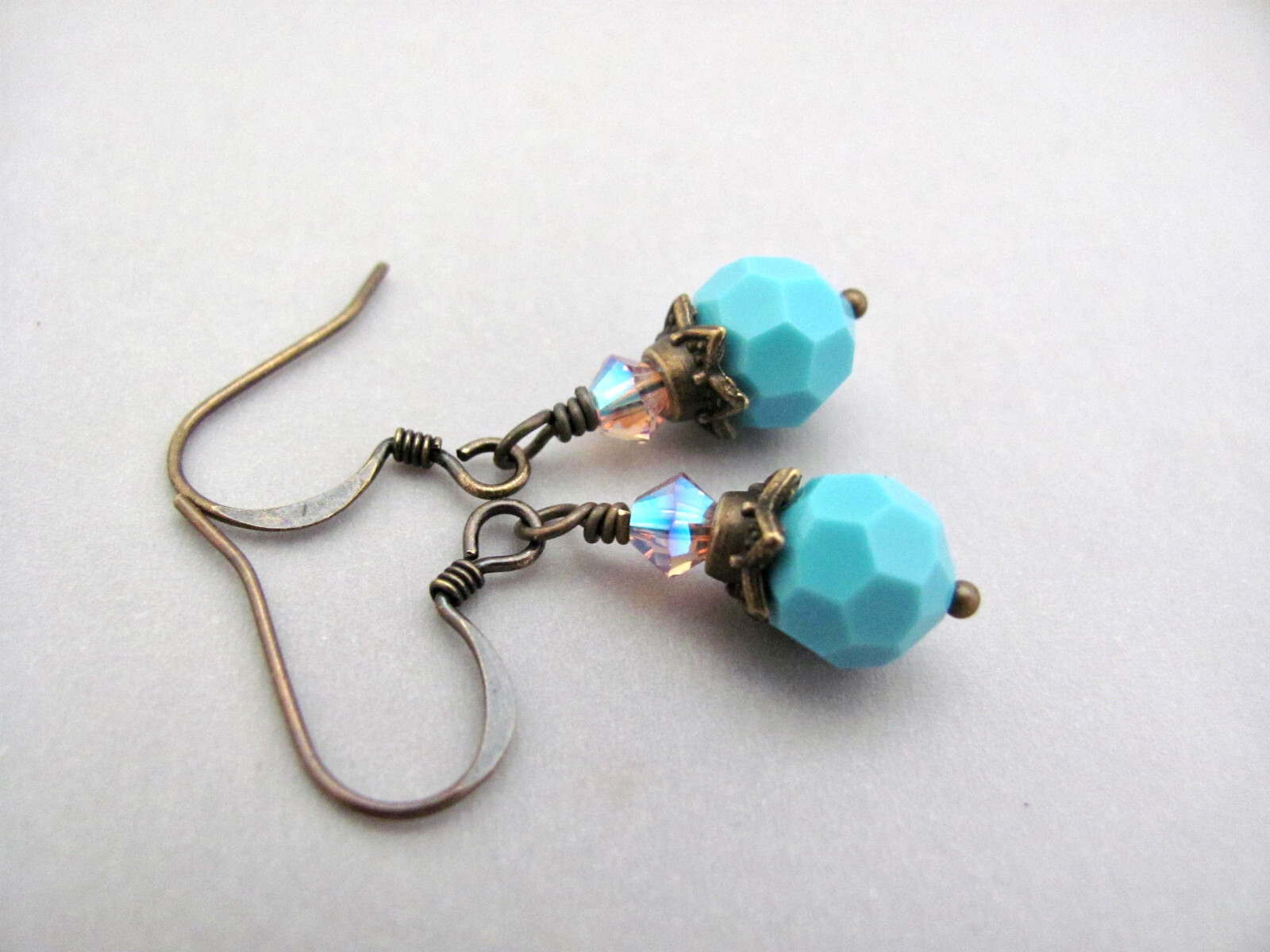 Turquoise Crystal Earrings Antiqued Brass Boho Chic Dainty Romancecore Cosplay