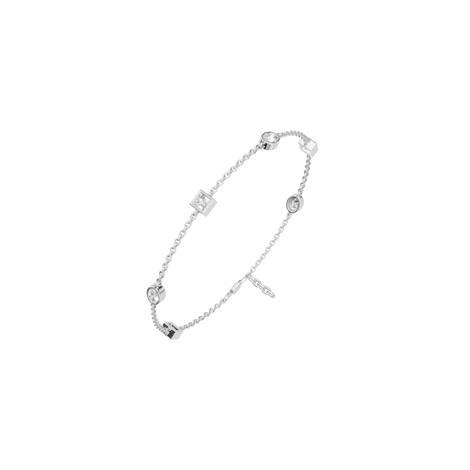 1.00 CT Princess & Oval Lab Grown Diamond Station Charm Bracelet 14K Solid Gold