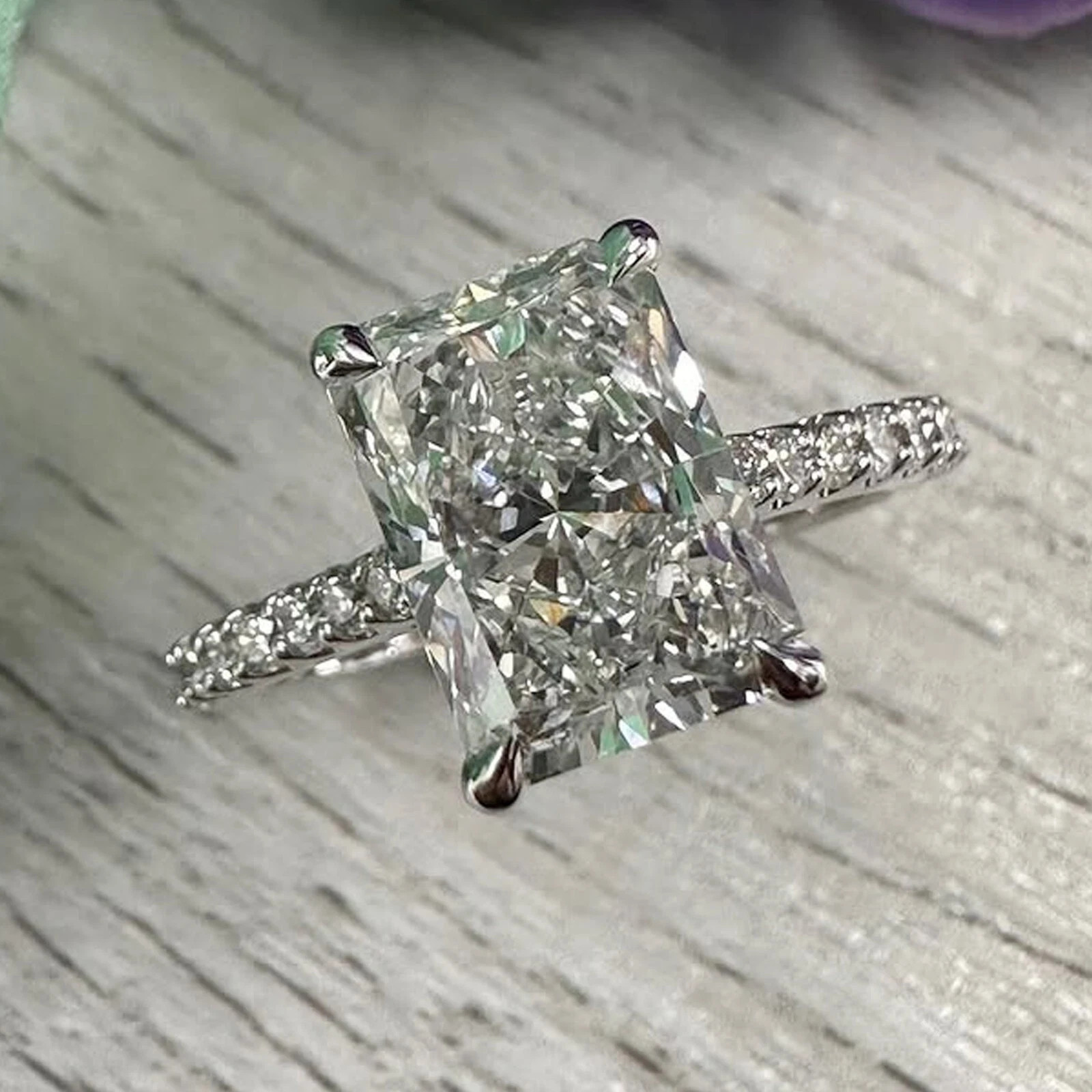 3.59Ctw Radiant Cut Moissanite Hidden Halo Engagement Ring 14K White Gold Plated