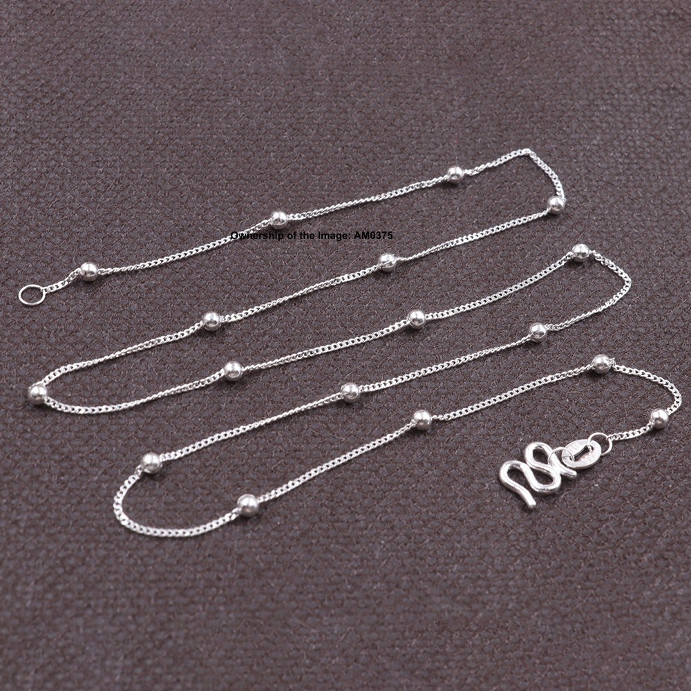 17.7inch Real S999 Fine Silver Necklace 2.5mm Bead and Curb Link Chain Jewelry