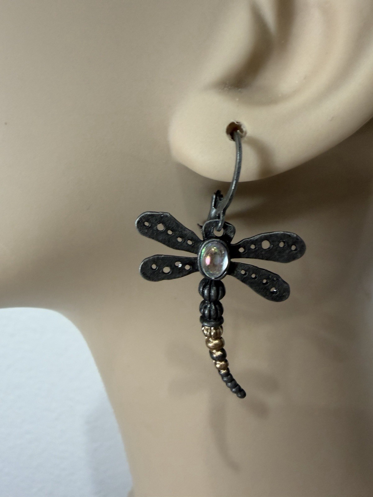 Dragonfly Dangle Leverback Earrings Iridescent Accent Gold Tone Beads
