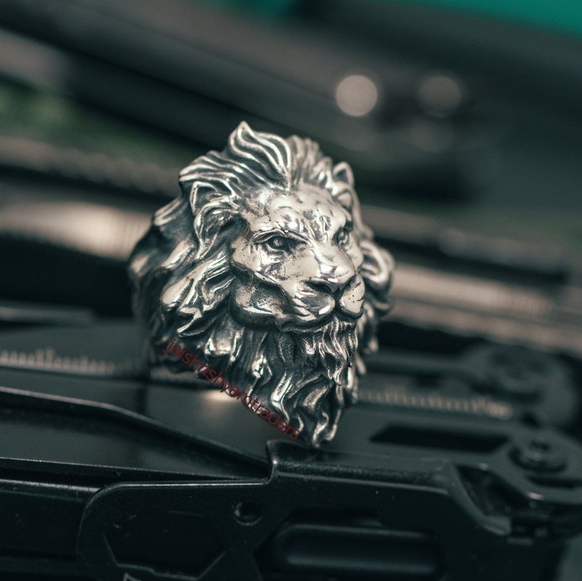 Men’s Lion Head Ring Oxidized 925 Sterling Silver Bold Statement Biker Jewelry