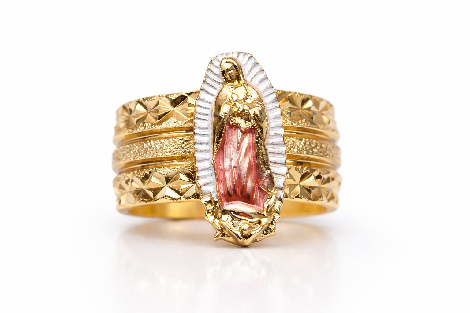 Italian 1/200 14k Yellow Gold Virgin Mary Ring Religious Catholic Ring Men Women