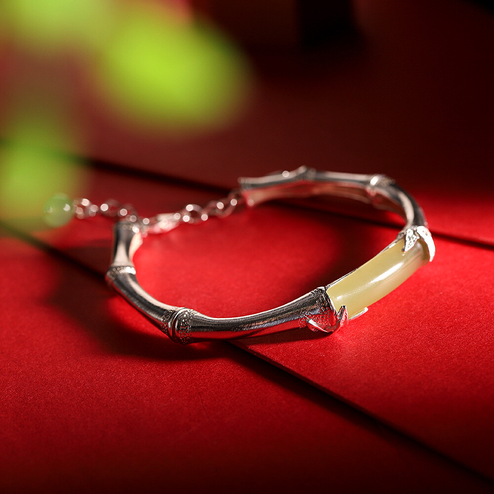 I03 Bamboo Bracelet with Green Jade Sterling Silver 925