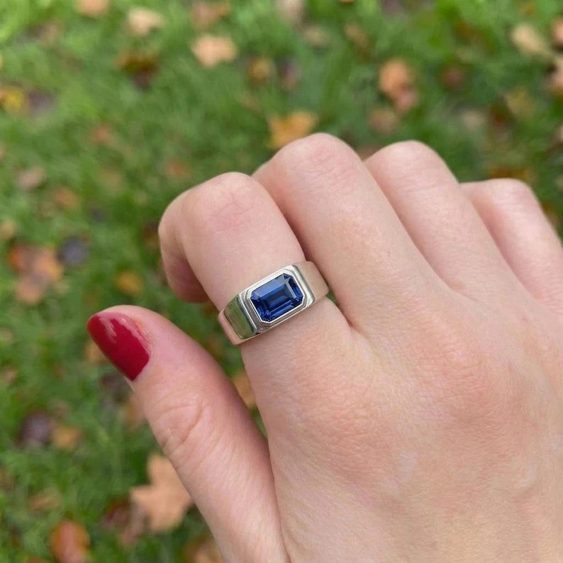 6 Ct Stone Natural Certified Blue Sapphire Ring 925 Sterling Silver Emerald Cut