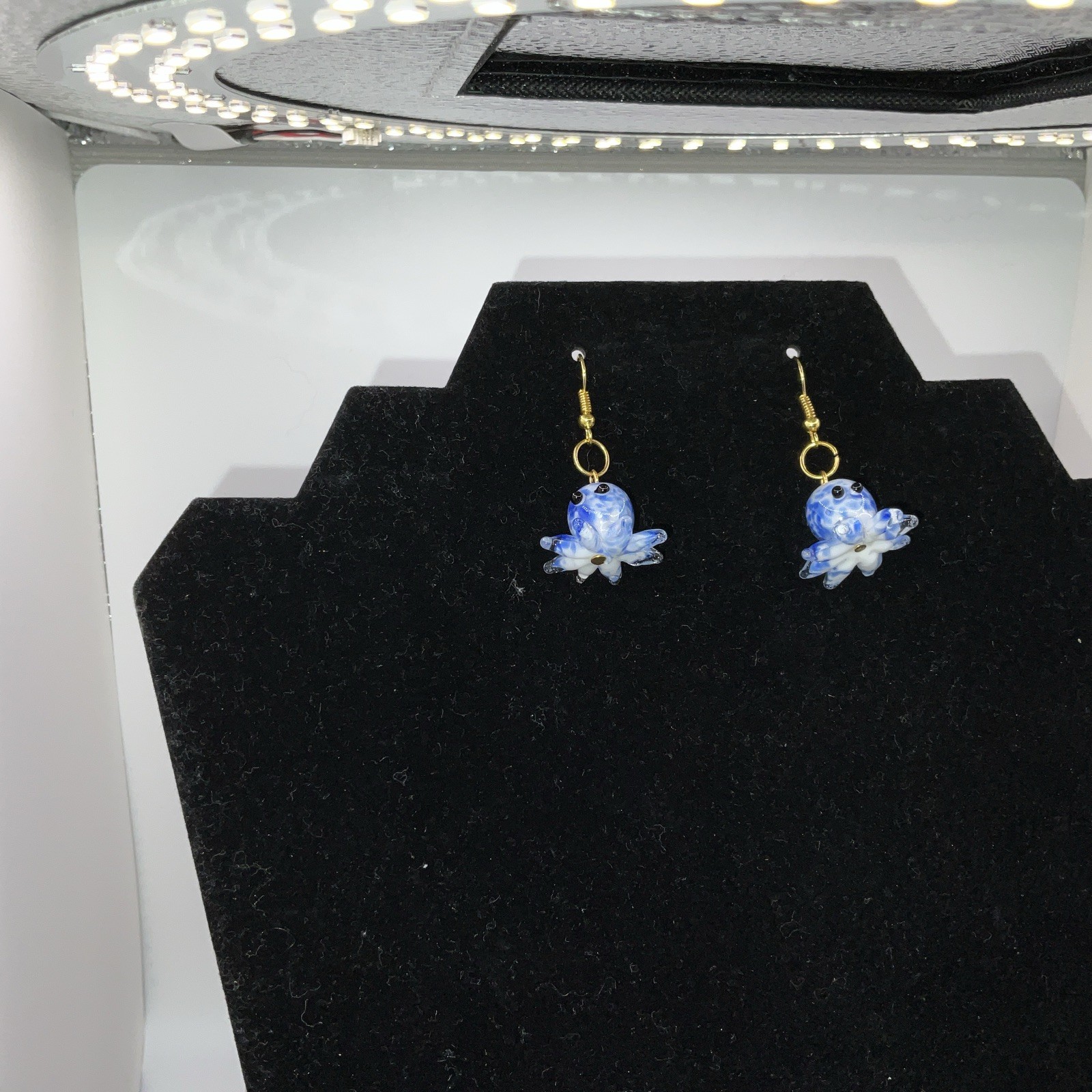 Blue & White Octopus Glass Earrings W/ Backs. Homemade 14k Extra Plated Gold New