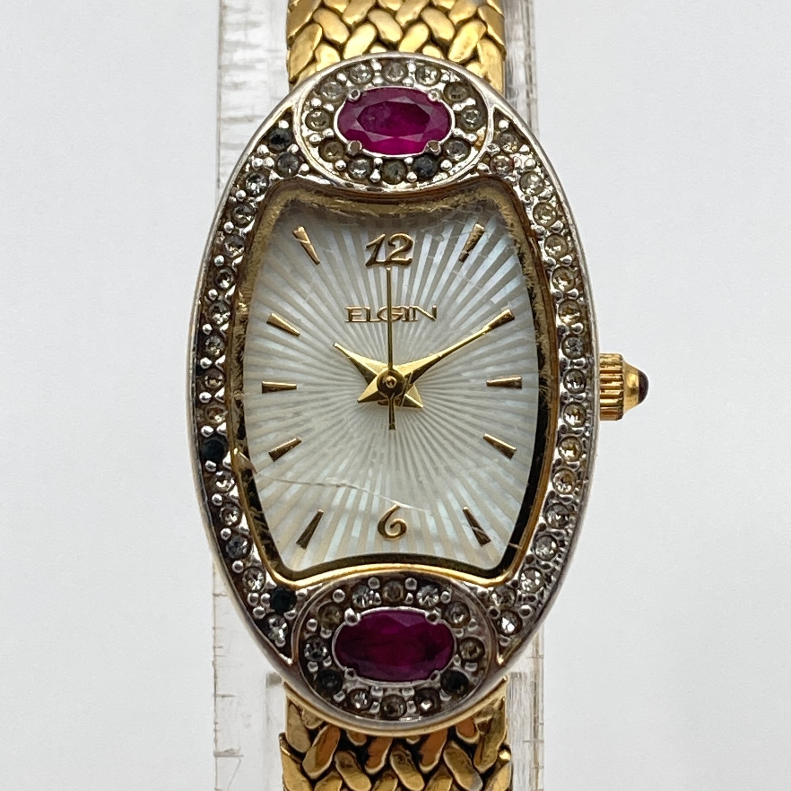 Elgin Womens Watch 18mm Gold Tone MOP Dial Ruby Gem CRACKED Crystal New Battery
