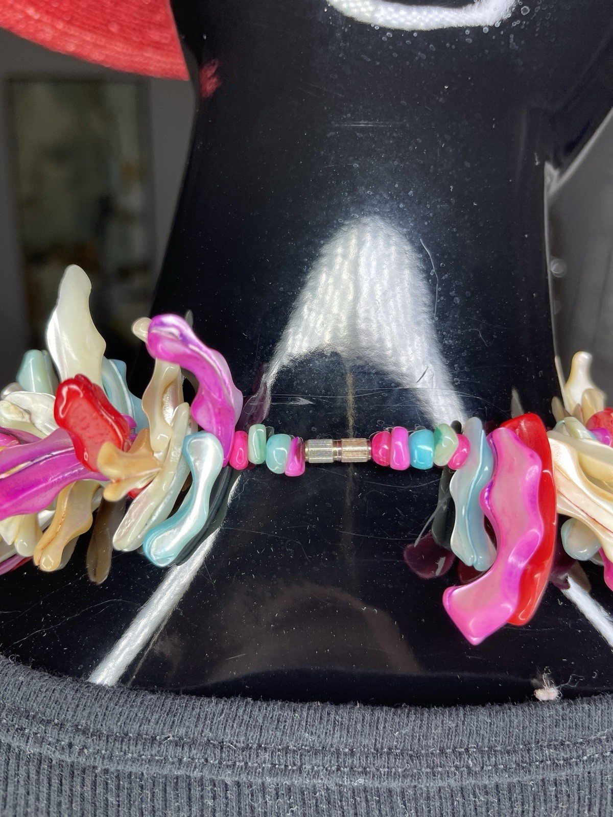 Statement Necklace Pink Blue Ivory Coral Style Beaded Choker Coastal Beach Boho