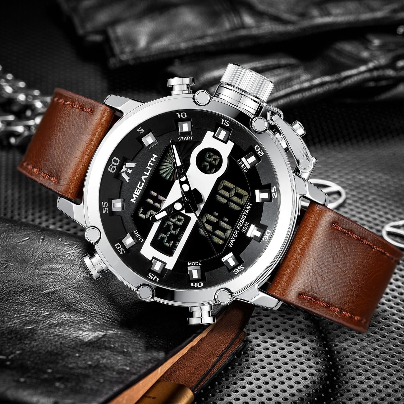 Mens Watches with Leather Waterproof Digital Military Sport Tactical Multifun…
