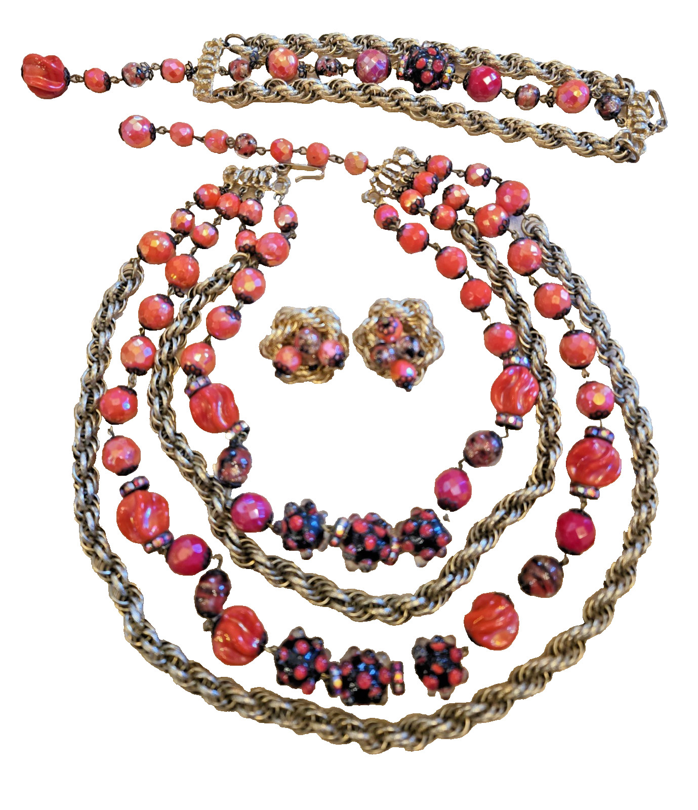 Hobe Vintage Three-Piece Multi-Strand Orange, Red, and Black Beaded Set