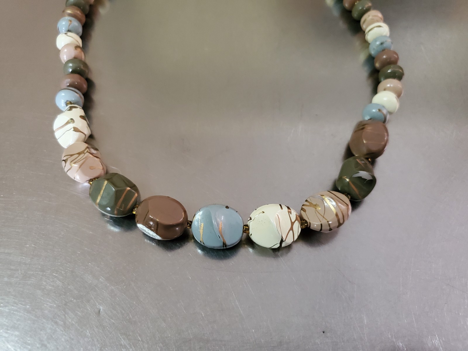 Vintage Multicolor Necklace Brown Blue Gold Beige White Green Beaded 22.5 inch