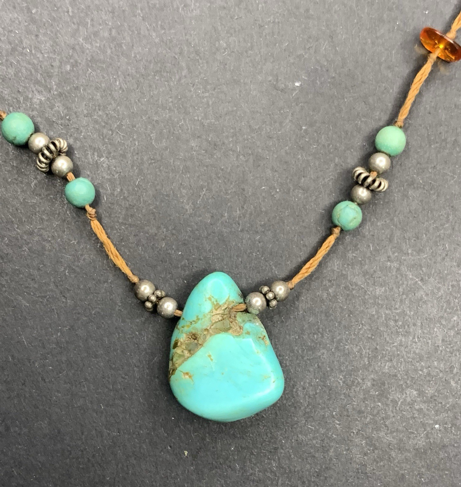Genuine Turquoise Necklace Real Amber Beads Southwestern Pendant
