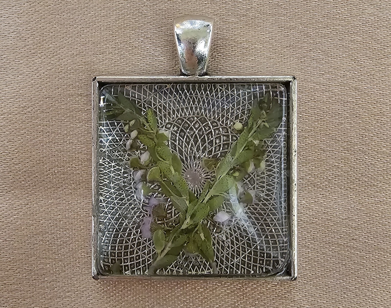 Real Flower Square Resin Pendant Pressed Botanicals on Silver Lace Doily