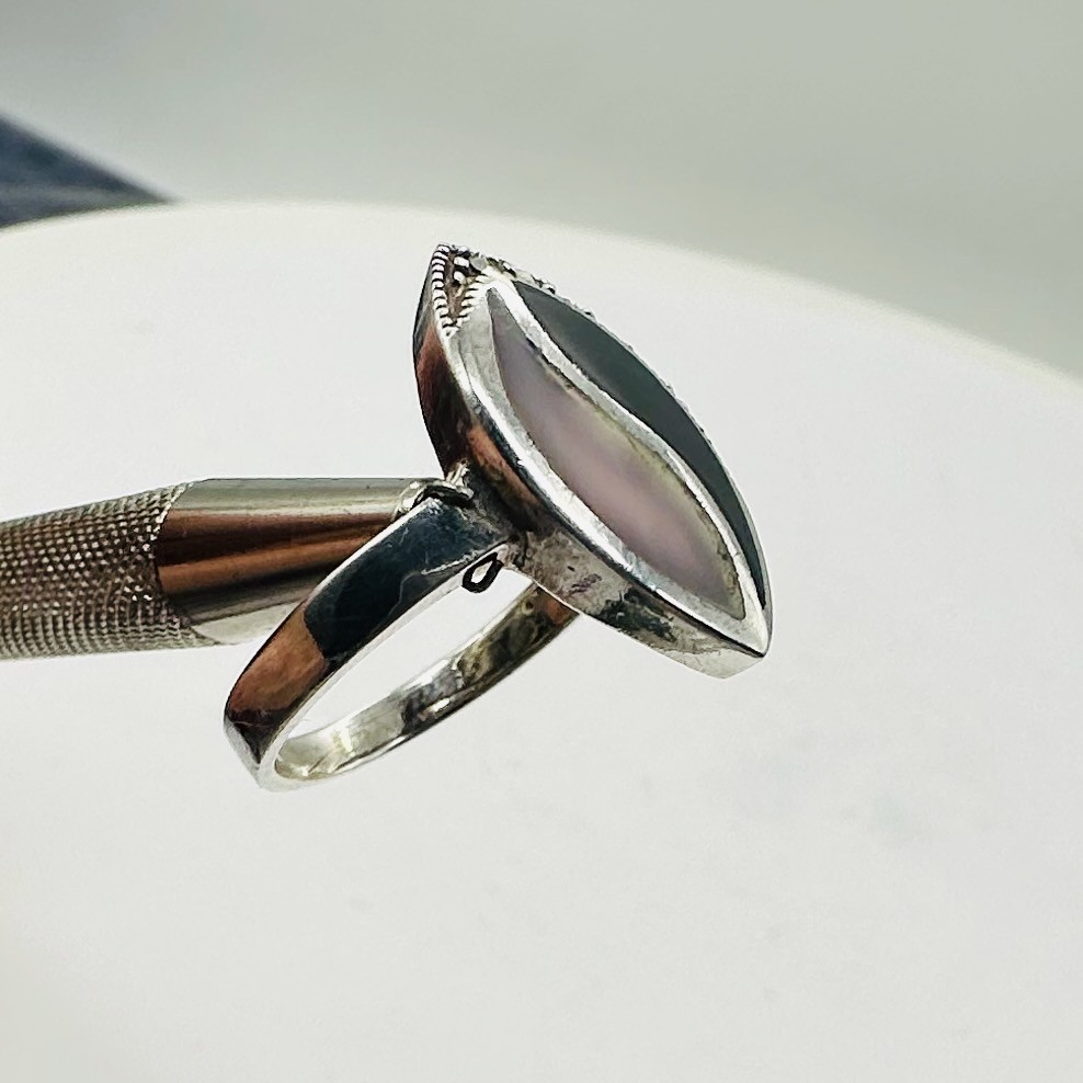 Onyx Mother of Pearl Marcasite Sterling Silver Ring | 7 | Blue, White, Silver |