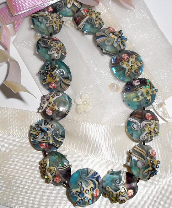 Handmade Lampwork Glass Lentil Bead Starfish Blue Sea Shell 19mm 4 beads (#str)