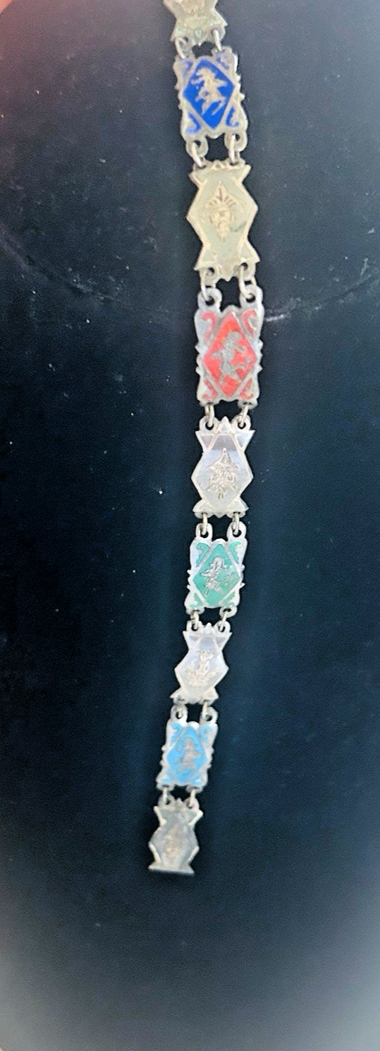 Vintage Siam Sterling Silver Niello 8 Panel Bracelet Thai Deities Gods 7 1/4″