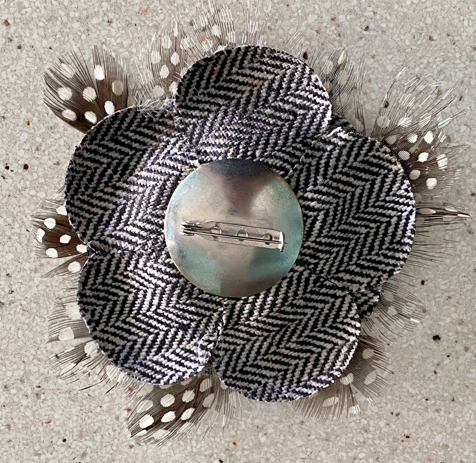 Vintage Real Guinea Bird Feather Brooch Plume Statement Beaded Black White