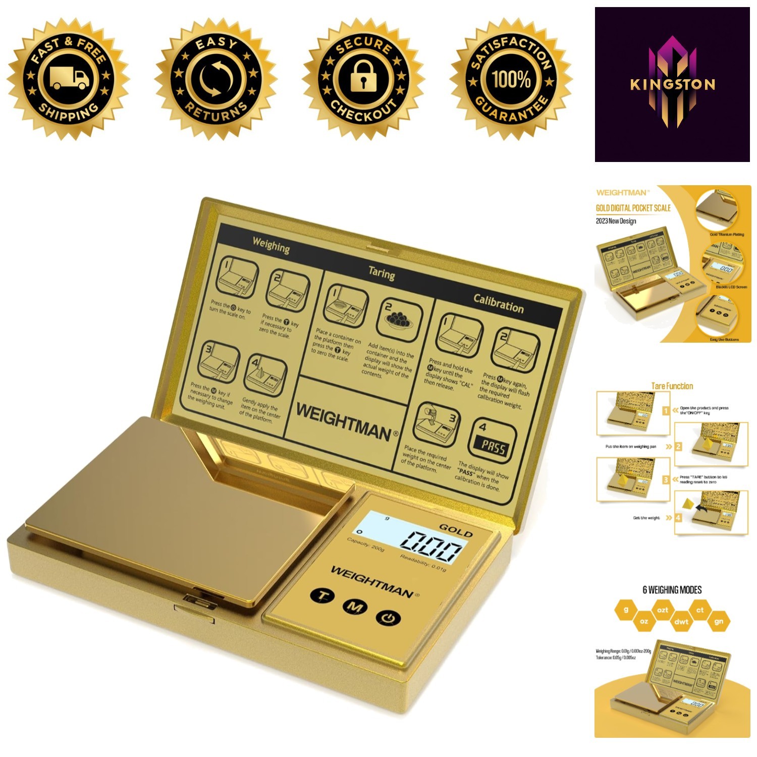 Stylish Gold Mini Scale: Accurate Weighing Up To 200g, Tare Function Included