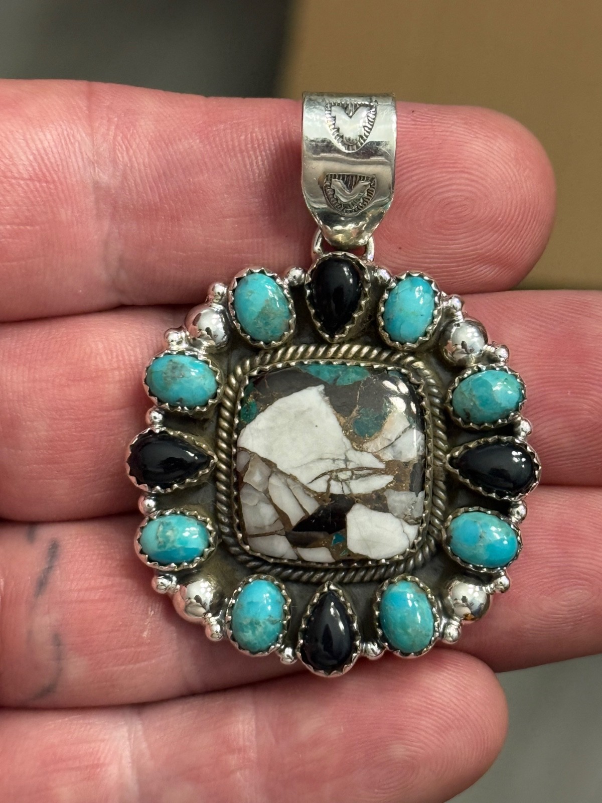 STERLING SILVER TURQUOISE WHITE BUFFALO MIX ONYX BIG CLUSTER DOME PENDANT .925
