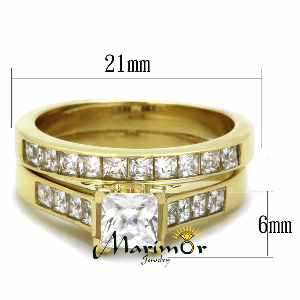 STAINLESS STEEL 2.50 CT PRINCESS CUT ZIRCONIA 14K GOLD PLATED WEDDING RING SET