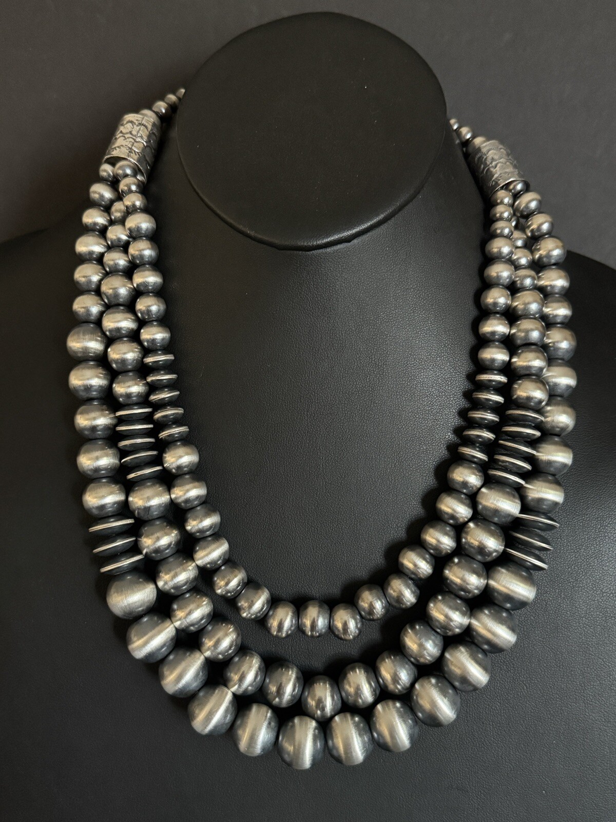 Sterling Silver Layered Multi Strand Pearls Bead Necklace 22 Inch “Navajo Style”