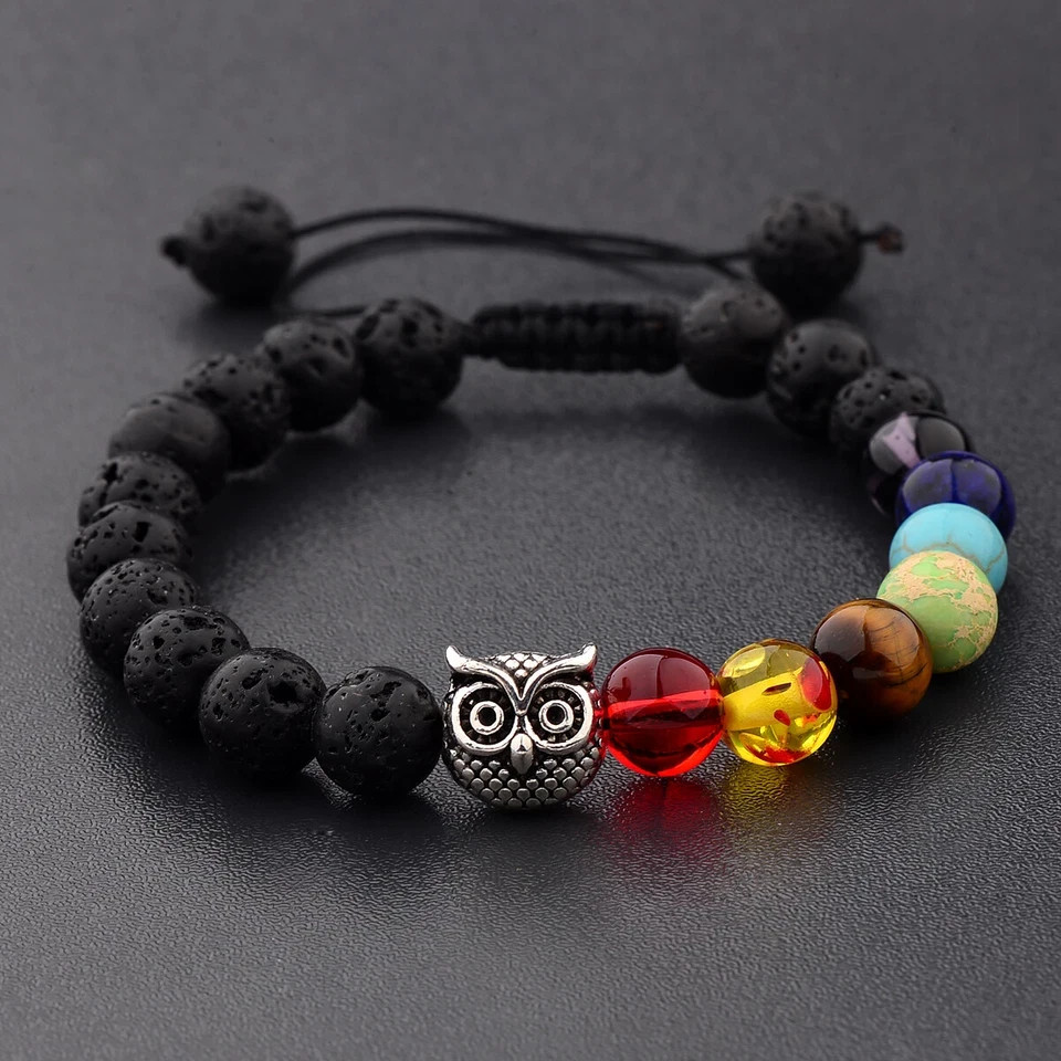7 Chakra Adjustable Volcano Stone Beaded Bracelet with Owl Charm for Men