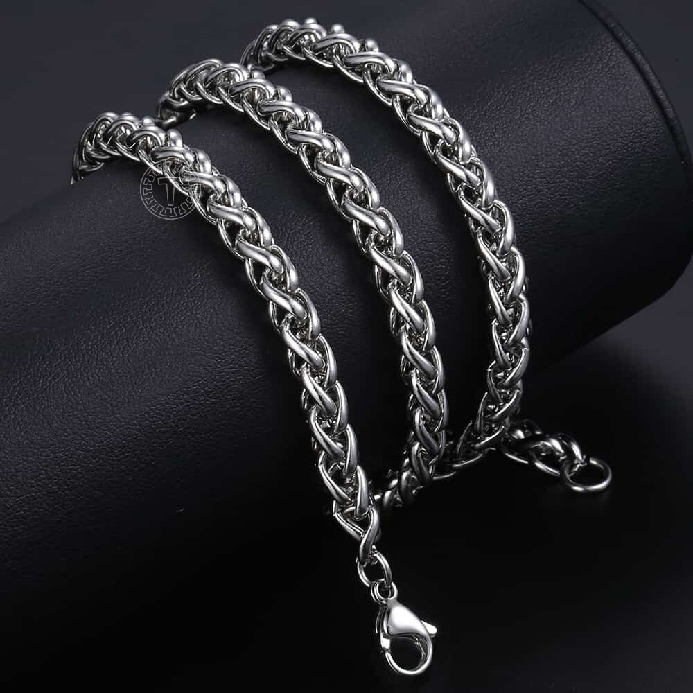 6mm Mens Chain Braided Wheat Spiga Silver Tone Stainless Steel Necklace