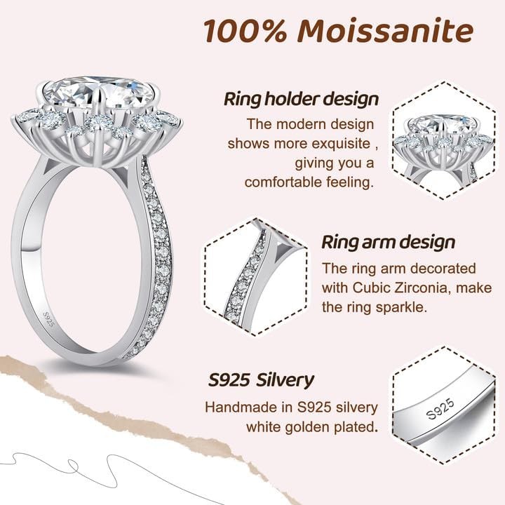 0.5-3CT Flower Halo D VVS1 Moissanite Ring 925 Silver 18K White Gold Plated