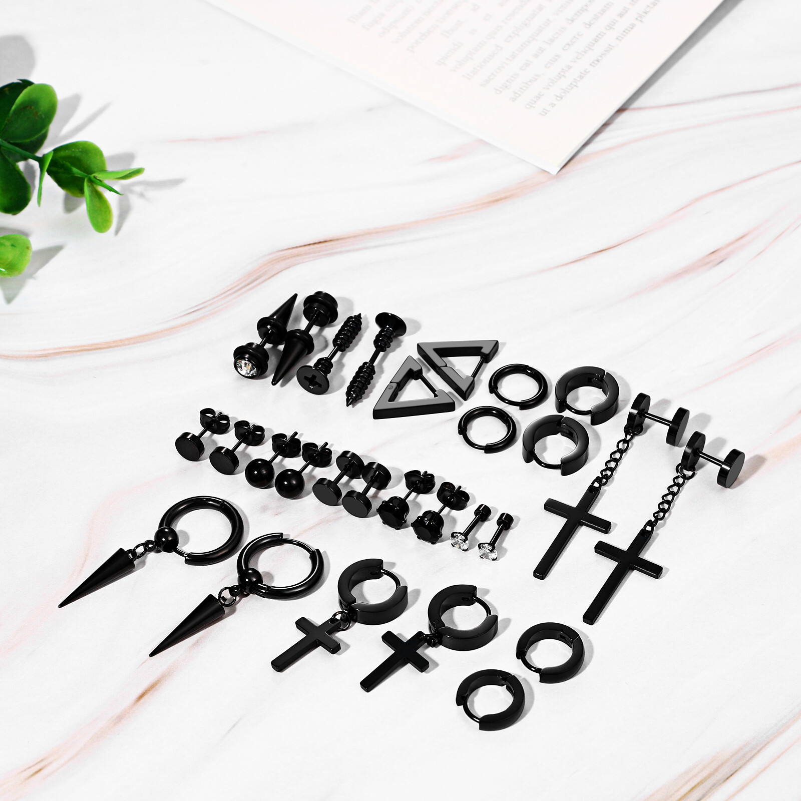 14 pairs Black Stainless Steel Cross Dangle Spike Hoop Earrings Ear Studs Set