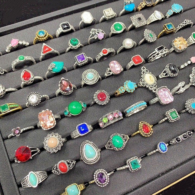 50pcs Bulk Lots Vintage Crystal Stone Mix Plated antique silver Jewelry Ring