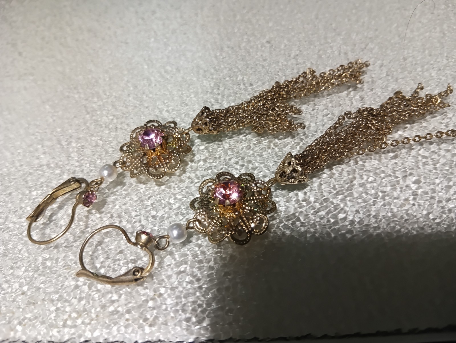 Gold Tone Pink Round Crystal & Faux Pearl Tassel Dangle Hook Earrings