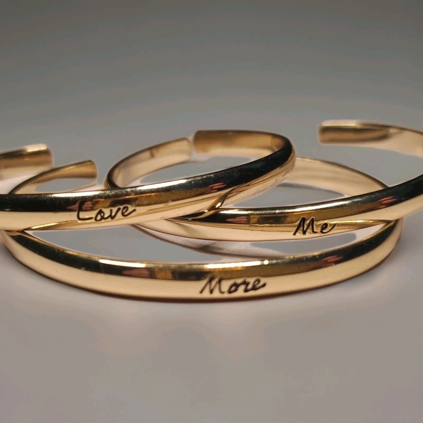 Cuff Bangle Bracelet Gold Tone Love Me More Set Engraved Stackable Minimalist.