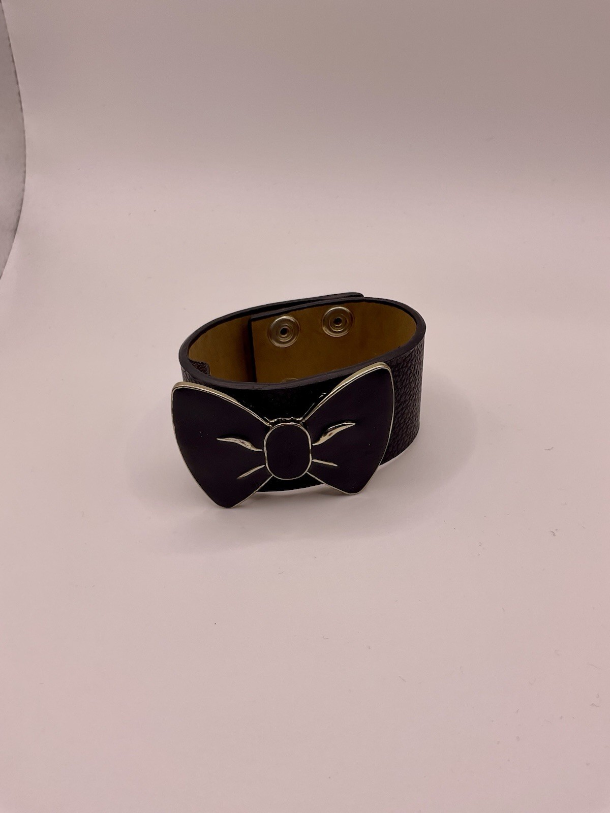 Vintage! Y2K Black Leather Cuff Bracelet Metal Enamel Black Bow, Adjustable