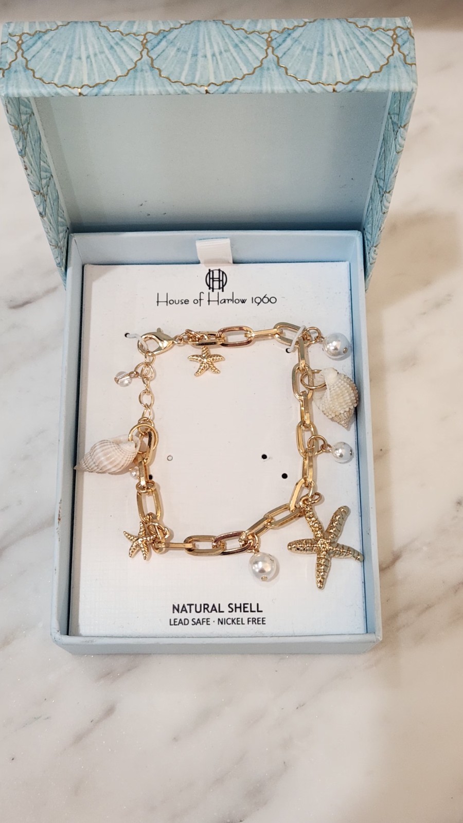 House of Harlow 1960 Gold Link Seashell Starfish Pearl Bracelet