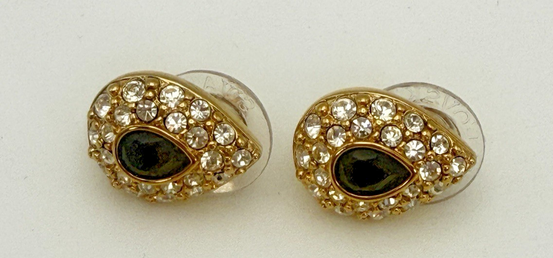Swarovski Angelic Pear Pierced Earrings Jet Black Crystal Gold Tone Swan Logo