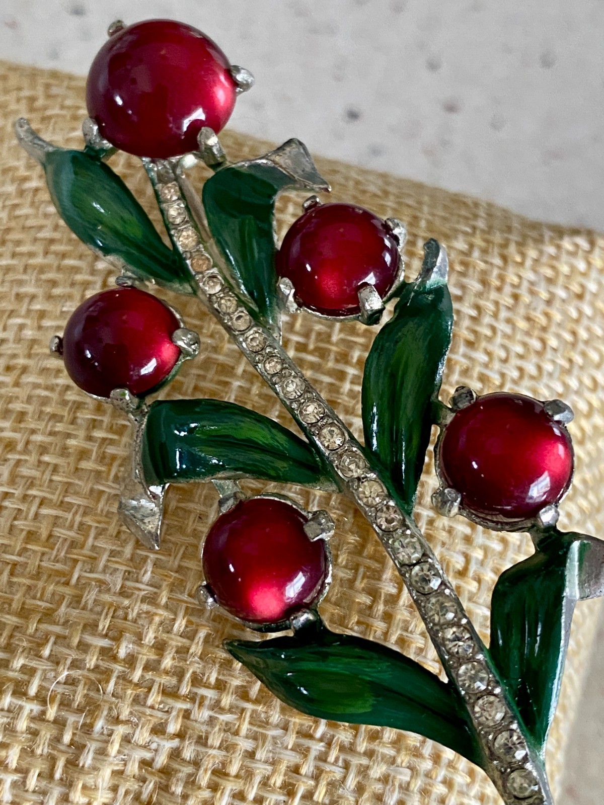 Vintage Holly Berry Rhinestone Brooch Red Cabochon Green Enamel Silver Tone Pin