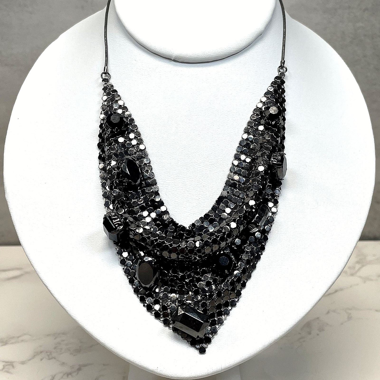 Claire’s Signed Black Liquid Metal Mesh Bib Necklace Gothic Rhinestone Statement