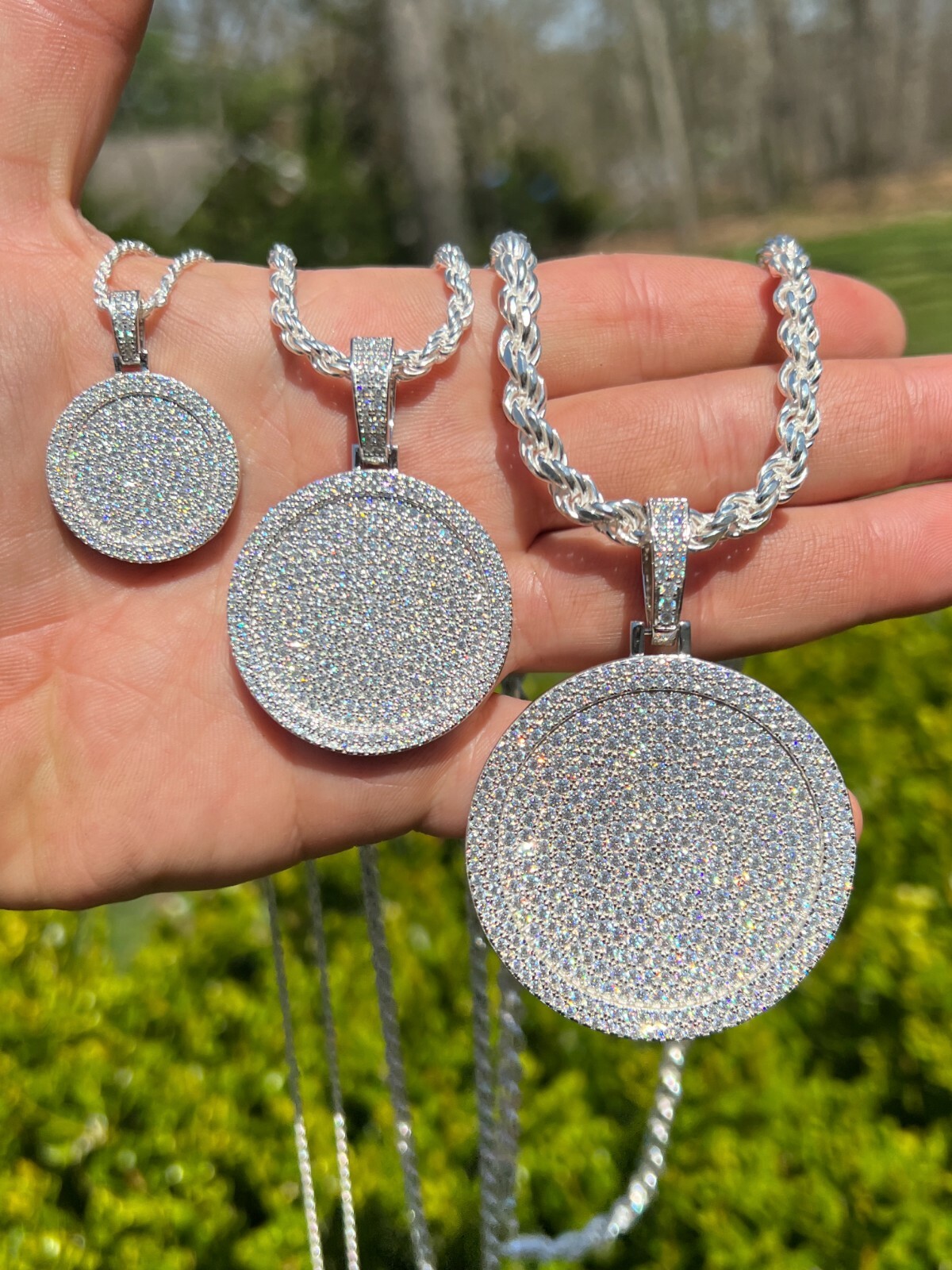 Solid 925 Silver Bling CZ Iced Round Hip Hop Dog Tag Medallion Pendant Necklace