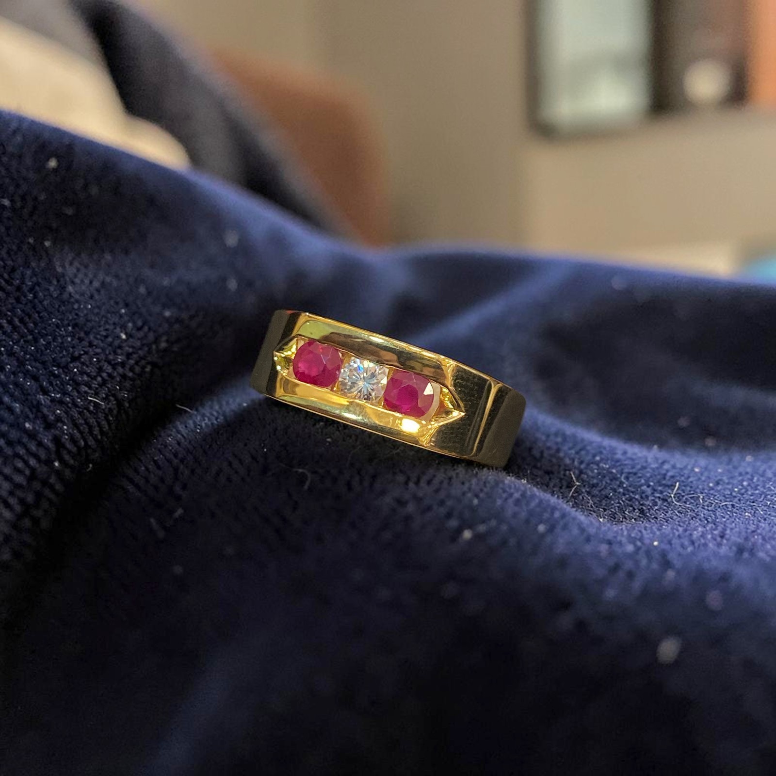 0.70 Cts Round Brilliant F/VS1 Diamonds Channel Set Ruby Men’s Ring In 18K Gold
