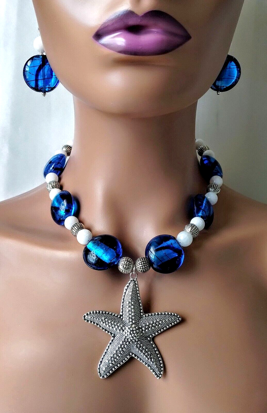 Silver Starfish Statement Necklace Set White Jade Cobalt Blue Glass