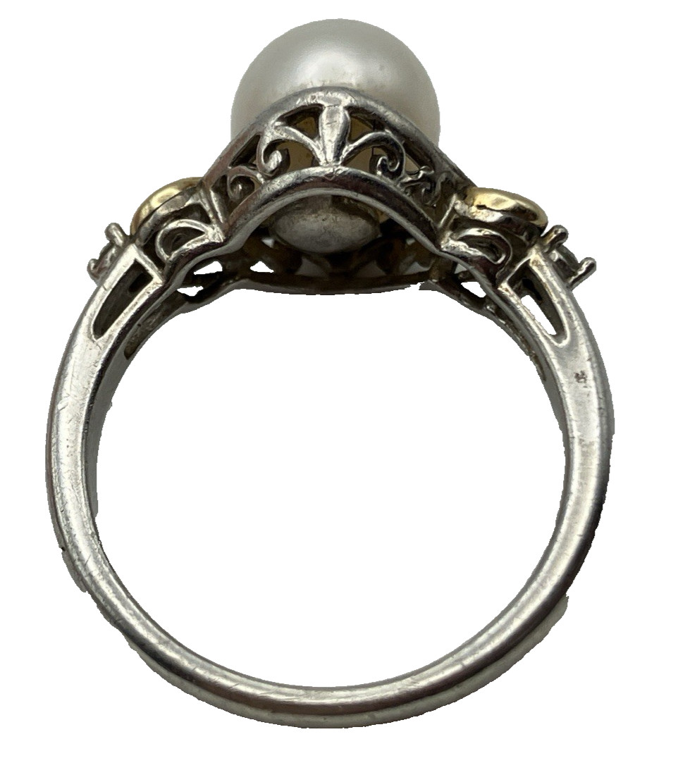 Vintage 14k & Sterling Silver 925 Pearl & Diamond Ring Size 7