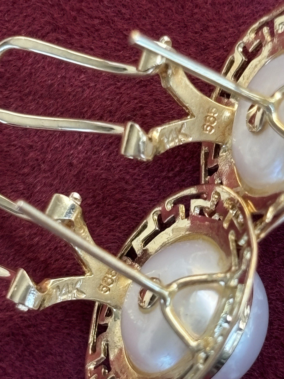 Vintage 14K Solid Yellow Gold Genuine Pearl Omega Back Earrings 4.82 Grams 16mm
