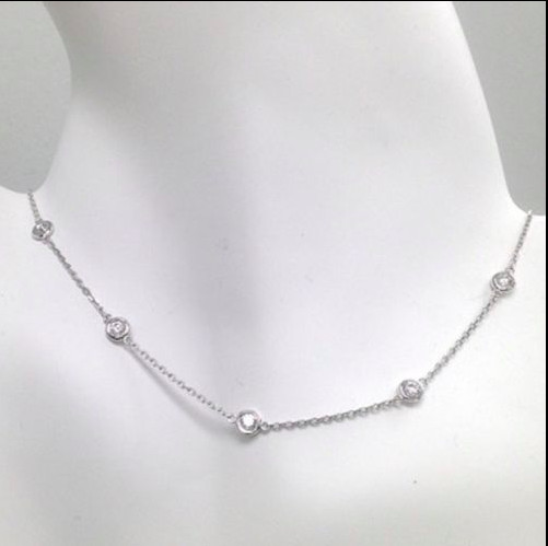 1.5 Ct Diamond By The Yard Station Necklace Round Tennis 100% Natural 14k Gold