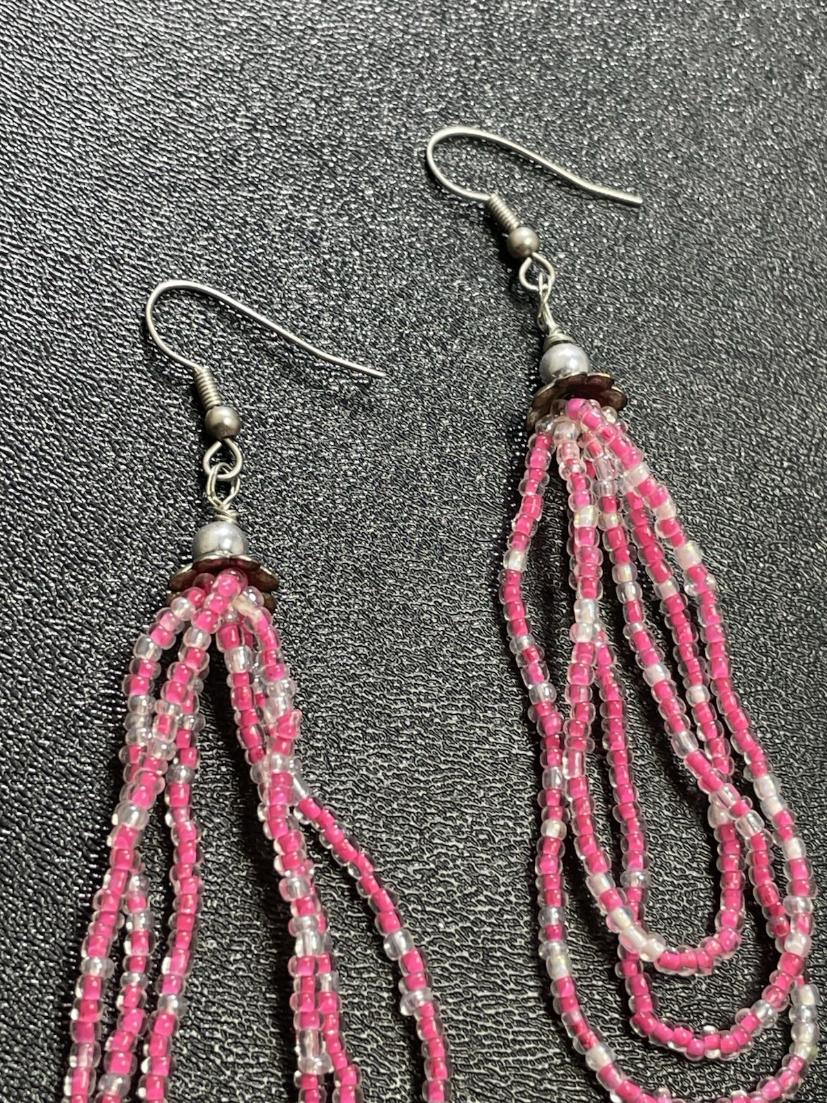 Vintage 3.8” Pink Beaded Silver Tone Dangle Earrings