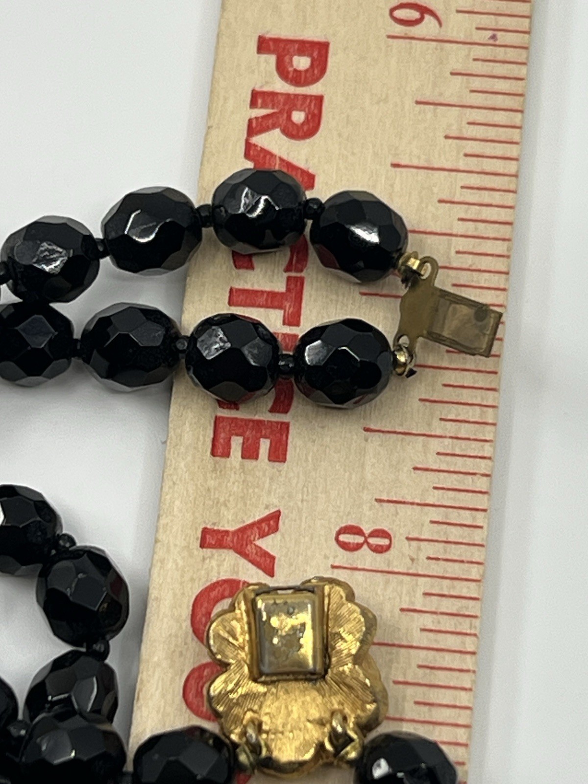 VINTAGE BLACK FACETED GLASS BEADED NECKLACE DOUBLE STRAND LAYERED ROSE CLASP