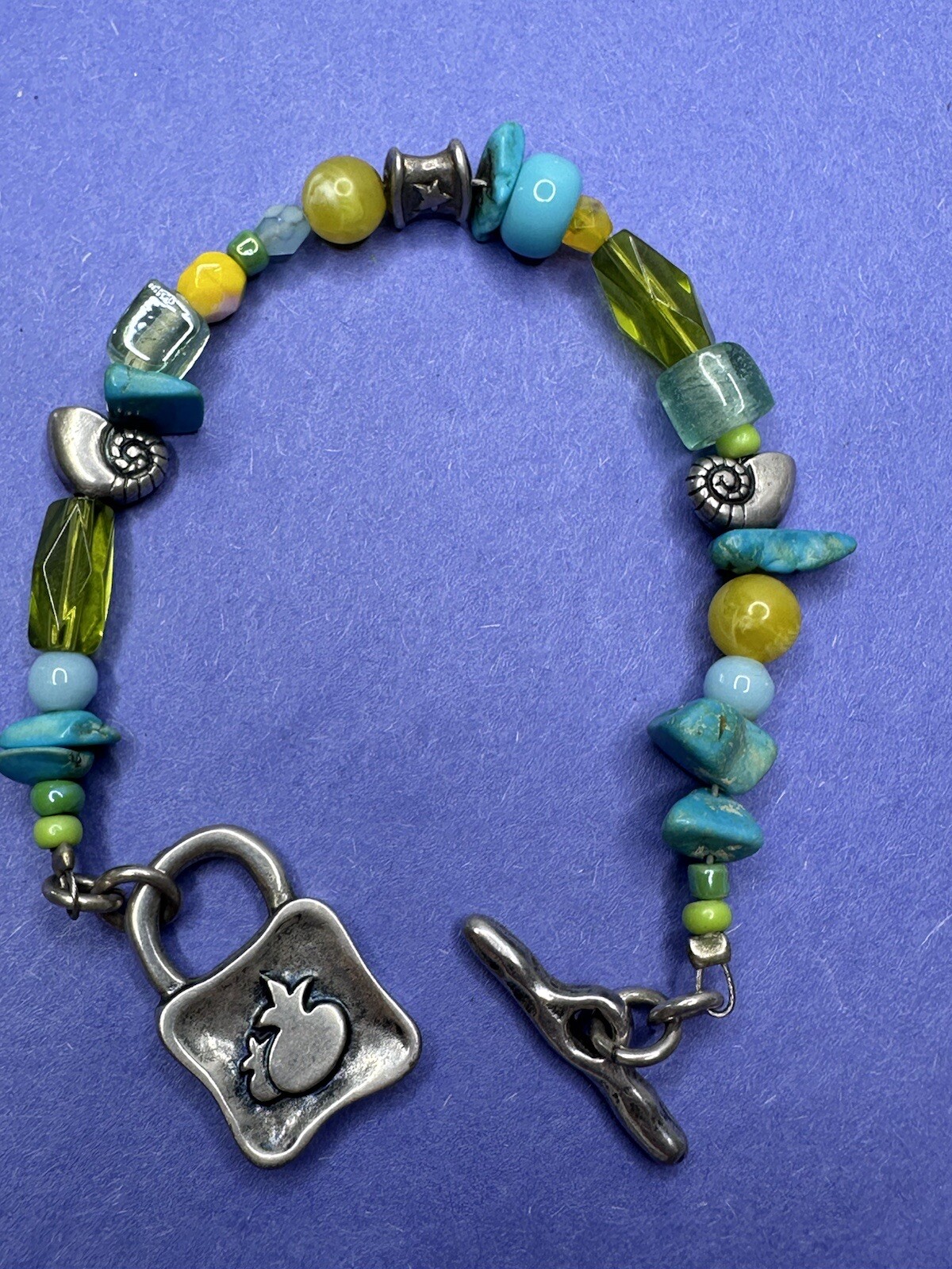 Danon Bracelet Turquoise Bead Shells Green Glass Beach Contemporary Silver Plate